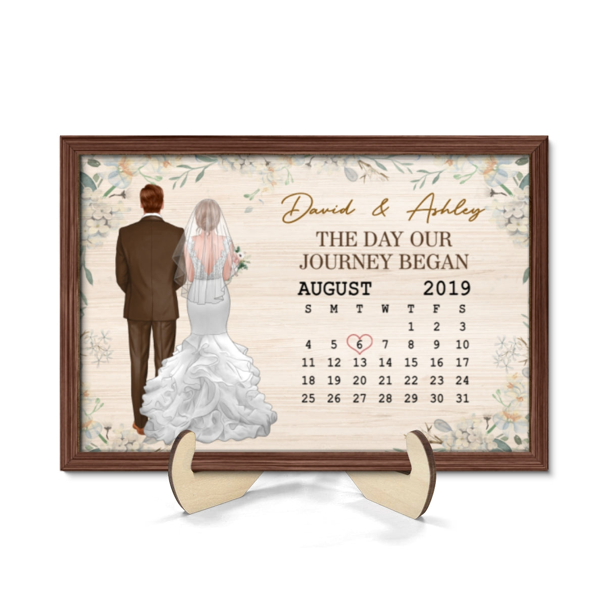 Back View Couple Wedding Anniversary Date Calendar Personalized 2-Layer Wooden Plaque