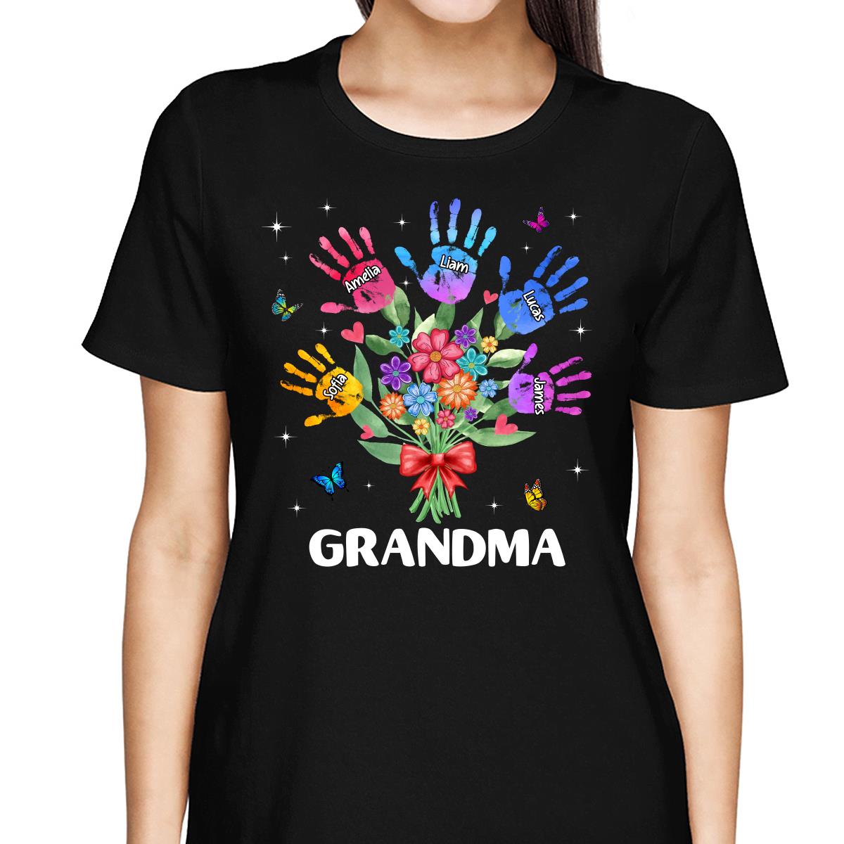 Grandma Mom Heart Handprints Flowers Personalized Shirt