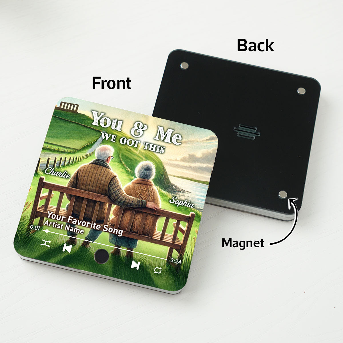 Old Couple Sitting On Grass Hill Favorite Song Personalized Music Fridge Magnet, Valentine's Gift For Her, Gift For Him