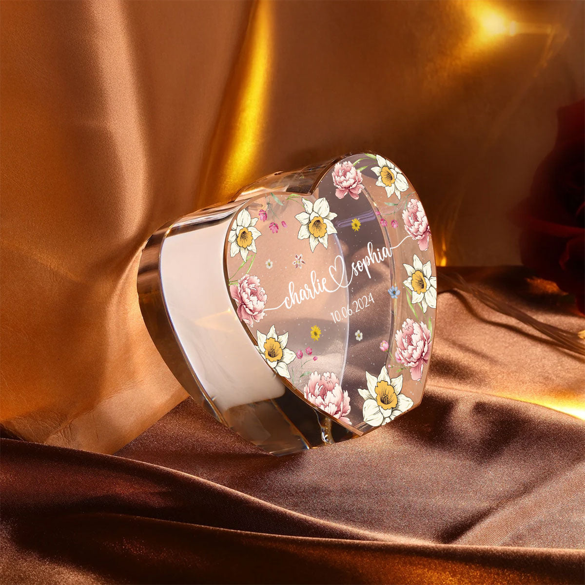 Couple Name Birth Month Flower Premium Crystal Heart LED, Unique Personalized Gift For Couple, For Him, For Her, Perfect Last-minute Valentine's Gift, Free Delivery