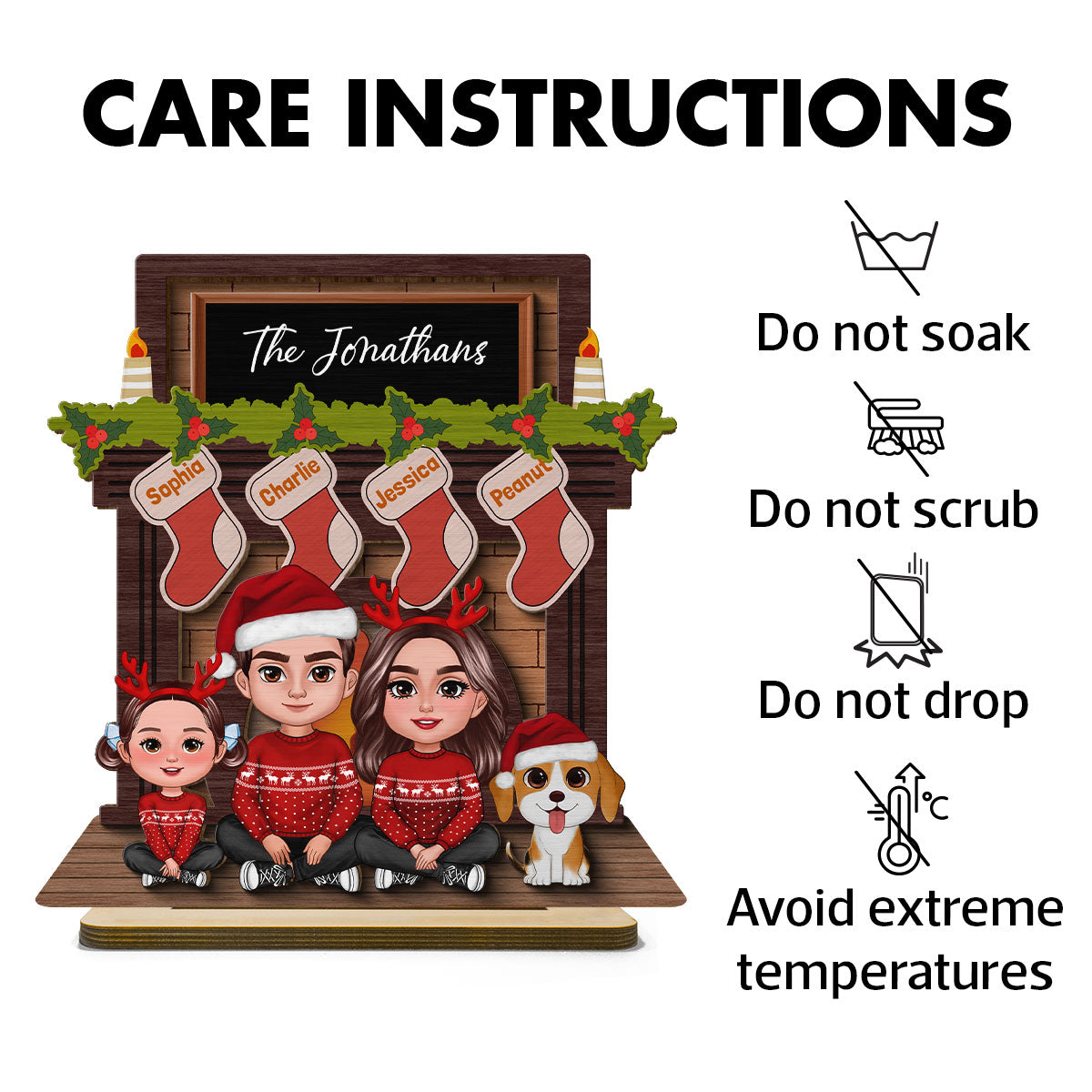 Whole Family Sitting At Christmas Fireplace Personalized 2-Layer Standing Wooden Plaque