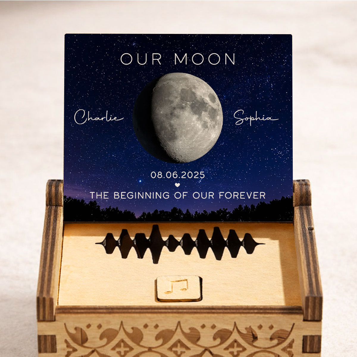 Our Moon Custom Moon Phase & Favorite Song - Personalized Wooden Music Box - Valentine's Day Gift For Him, Gift For Her