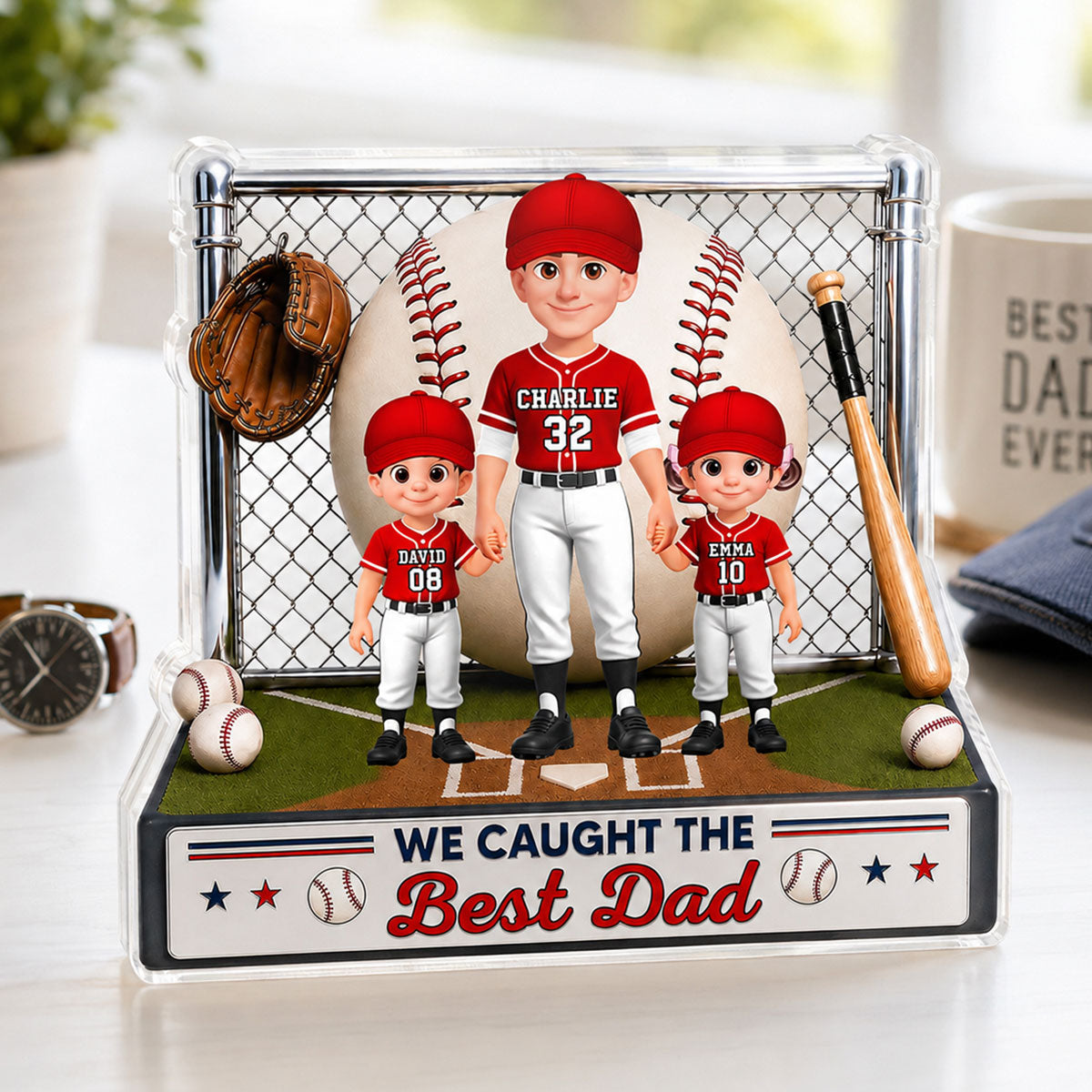 Baseball Dad And Kids We Caught The Best Dad - Personalized Acrylic Block Plaque - Father's Day Gift For Dad, Husband