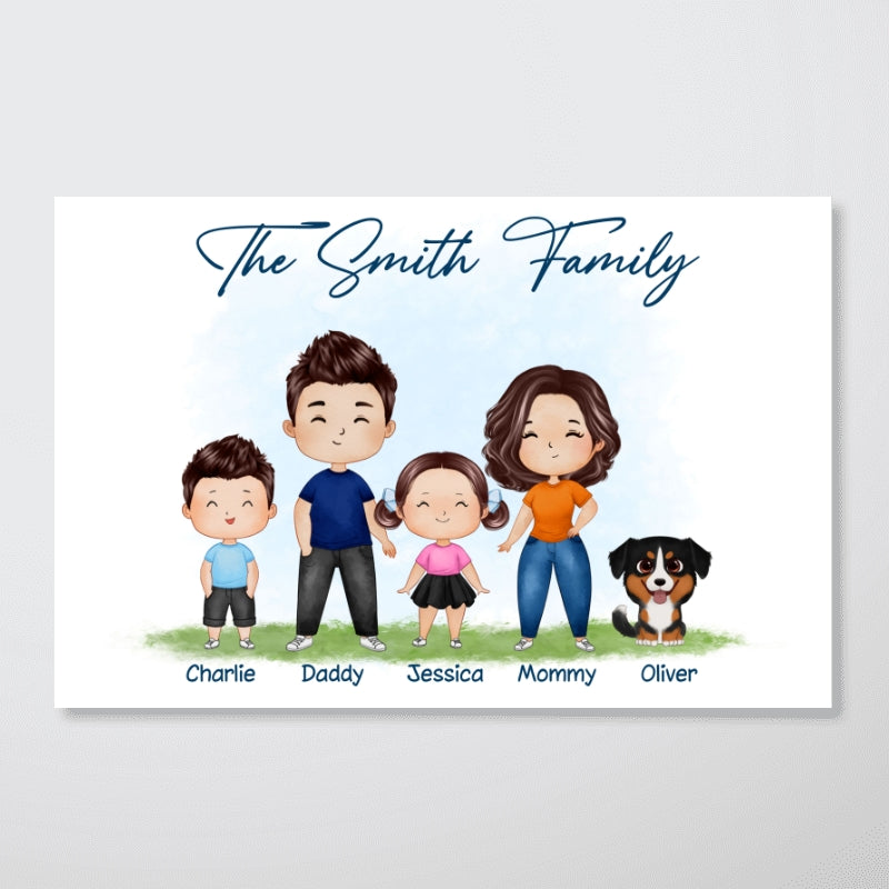 Whole Happy Doll Family Couple Dad Mom Kid Dog Cat Watercolor Style Personalized Horizontal Poster