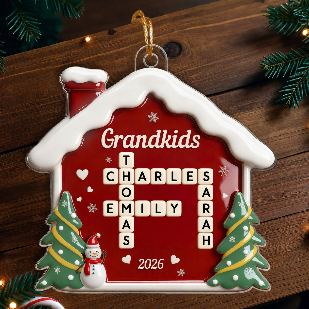 3D Effect Festive Christmas House Grandparents Grandkids Forever Linked Together Crossword Puzzle Art - Personalized Acrylic Ornament