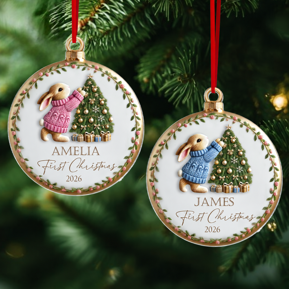 Baby's First Christmas Cute Pink Blue Bunny Rabbit For Baby Boy Girl Personalized Acrylic Ornament, New Parents Keepsake, Gift For Newborn