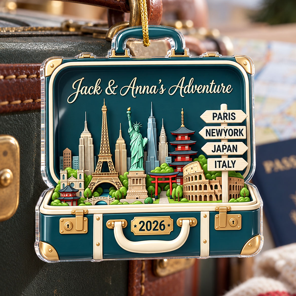 Custom Travel Adventure Suitcase 2D Flat Printed - Personalized Acrylic Ornament - Traveling Destination Keepsake, Christmas Gift For Traveling Lovers