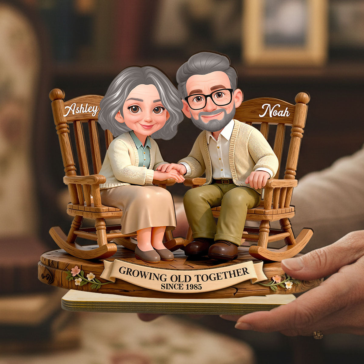 Eternal Love Couple On Rocking Chairs Growing Old Together - Personalized 2-Layer Wooden Plaque - Heartfelt Valentine's Day, Anniversary Gift For Couple, Gift For Him, For Her