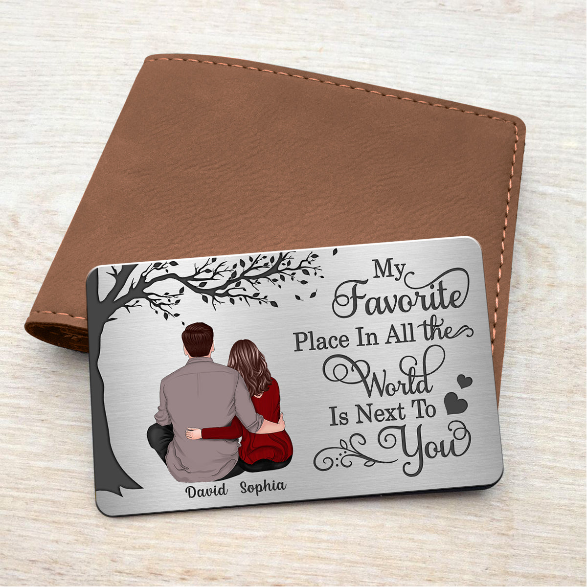 Back View Couple Sitting My Favorite Place In All The World Is Next To You Personalized Metal Wallet Card