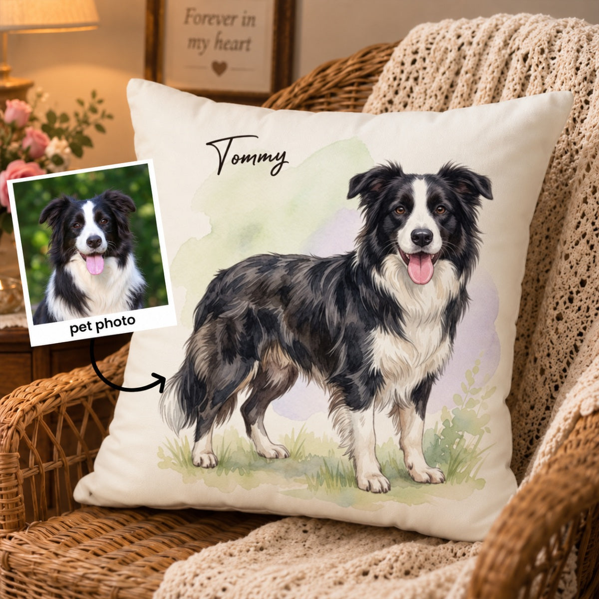 Custom Dog Cat Watercolor Portrait from Photo - Personalized Pillow - Christmas Gift for Dog Lovers, Memorial Gift