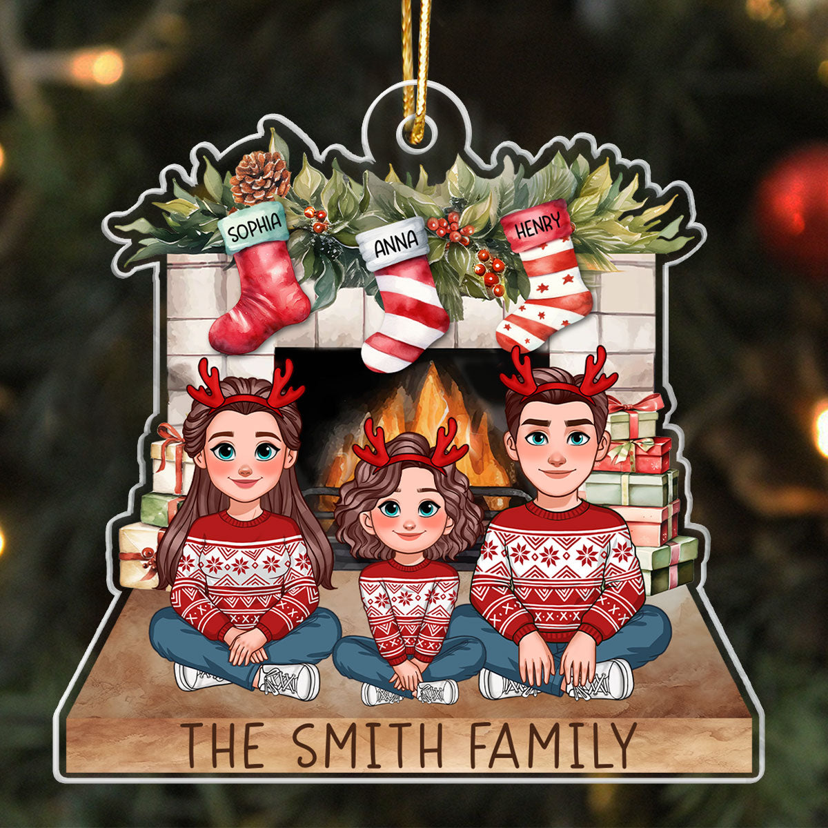 Animated Family Sitting At Christmas Fireplace Personalized Acrylic Ornament