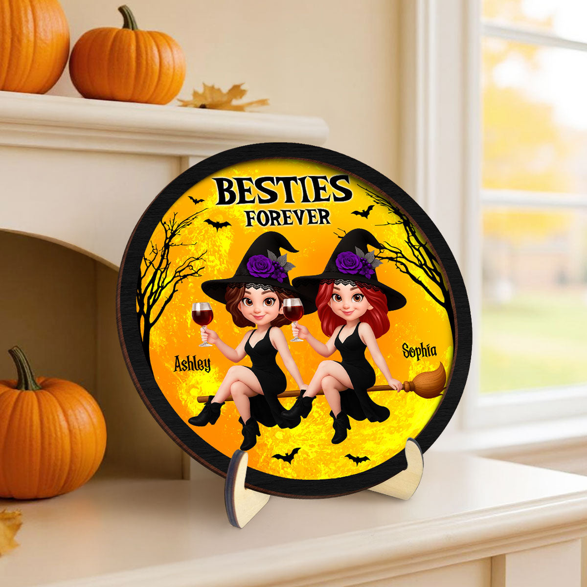Halloween Witch Besties On Broom Personalized 2-Layer Wooden Plaque, Halloween Gift