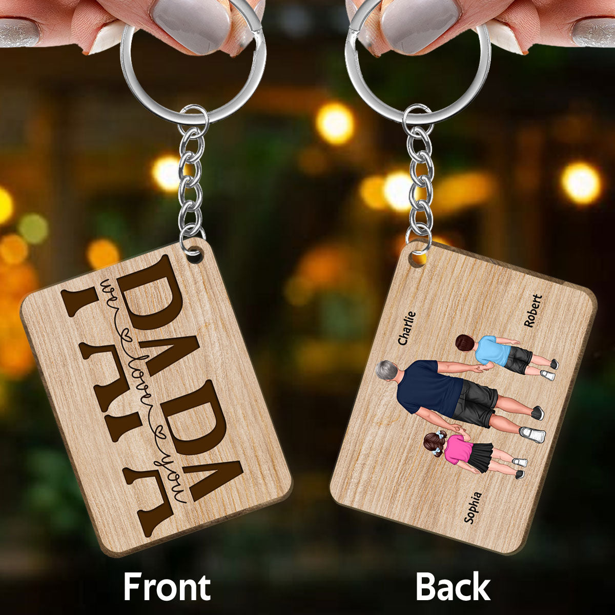 Best Papa Ever Back View Walking Man & Kids Personalized Wooden Keychain