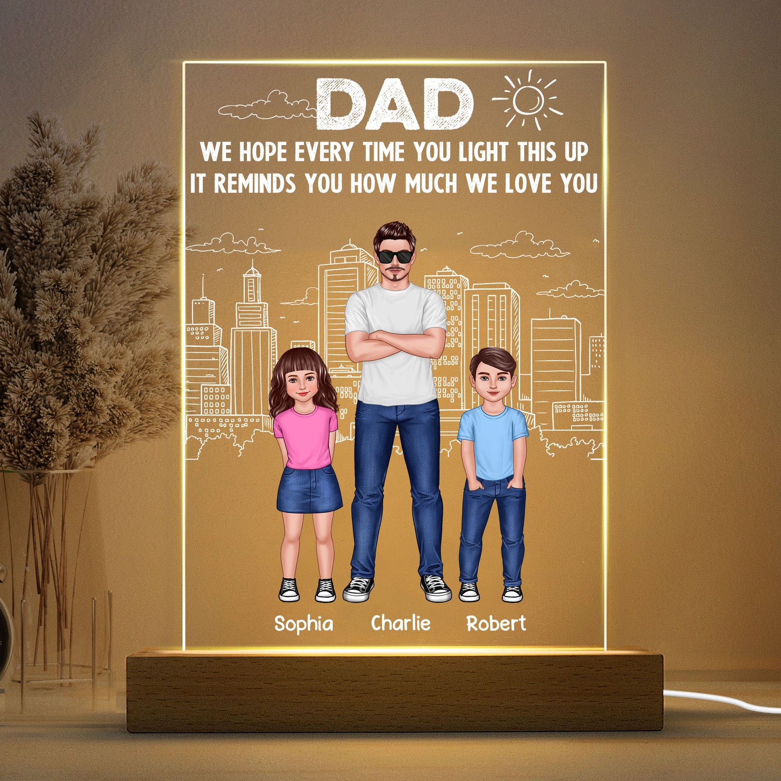 Dad And Kids Standing Front View Outline City Personalized Rectangle Acrylic LED Night Light