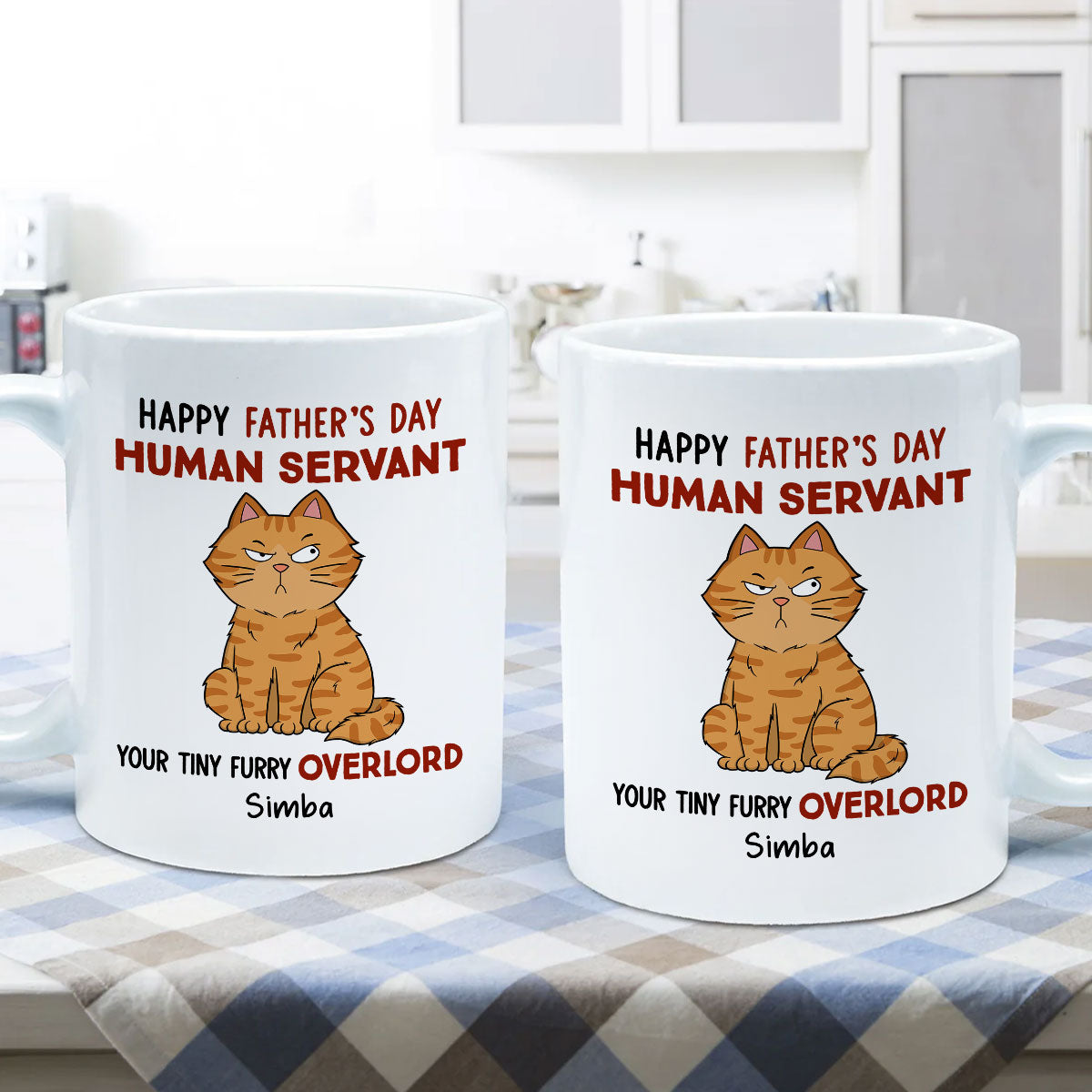 Funny Cute Cats Happy Father‘s Day Human Servant Personalized Mug, Father’s Day Gift For Cat Dad