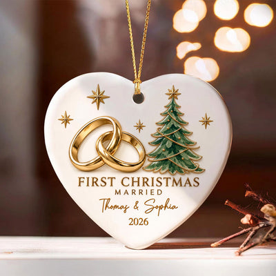 First Christmas Married Couple Names Wedding Rings - Personalized Ceramic Ornament - Newlywed Christmas Gift, Wedding Keepsake