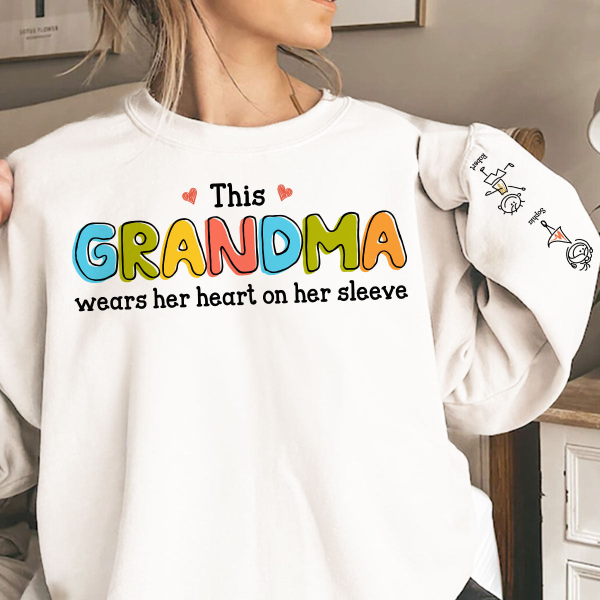 This Grandma Wears Her Heart On Her Sleeve Personalized Sleeve Printed Sweatshirt, Gift For Grandma