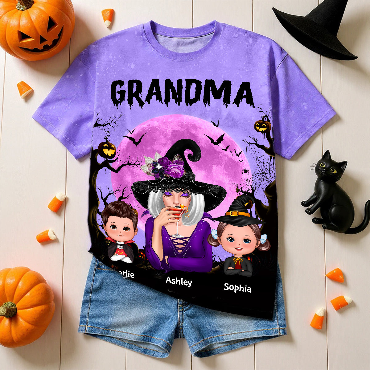 Grandma Witch & Kids Moon Bat Tree Personalized Shirt, Halloween Costume for Grandma
