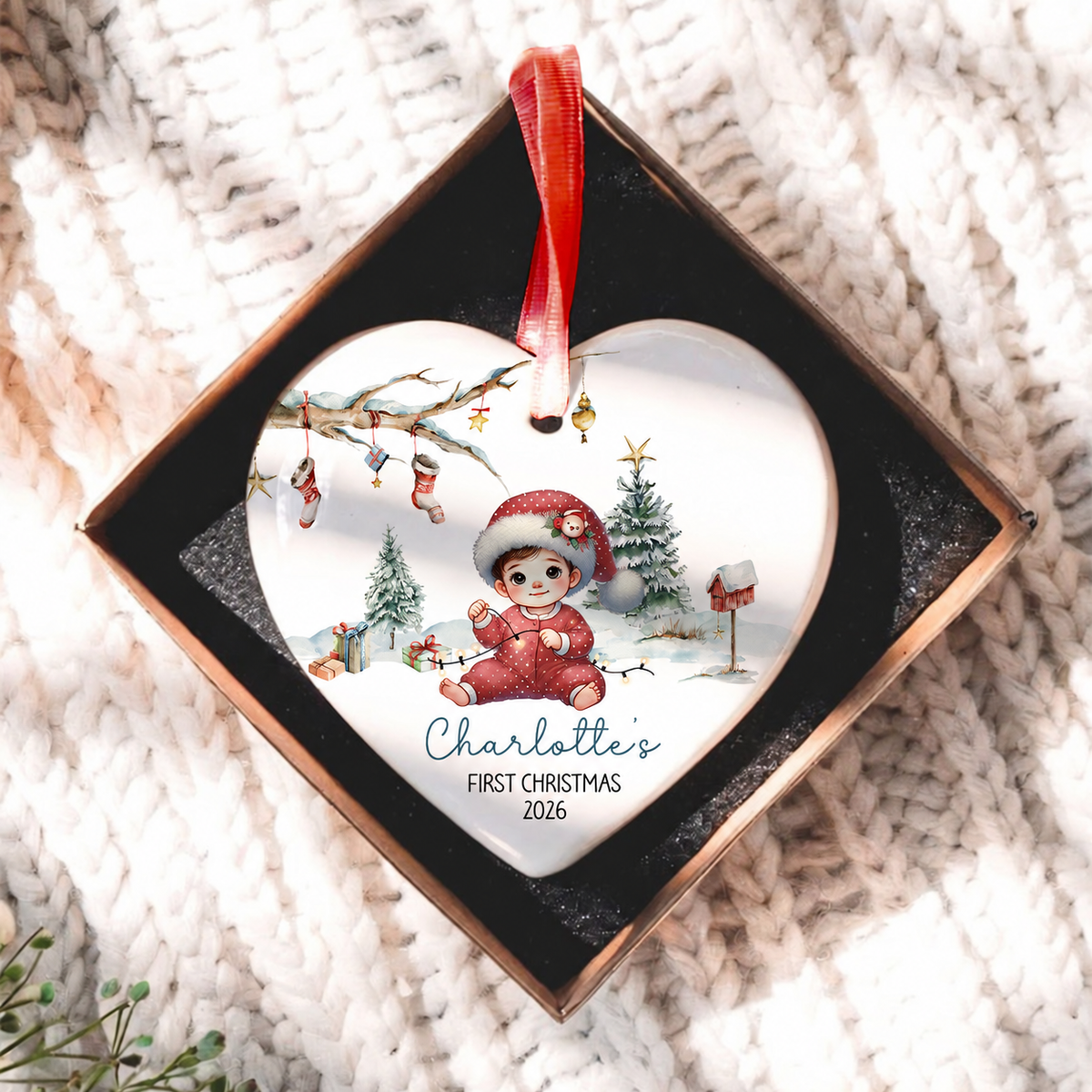 Watercolor Woodland Baby's First Christmas Personalized Heart Shaped Ceramic Ornament, Christmas Gift Keepsake for New Mom New Dad
