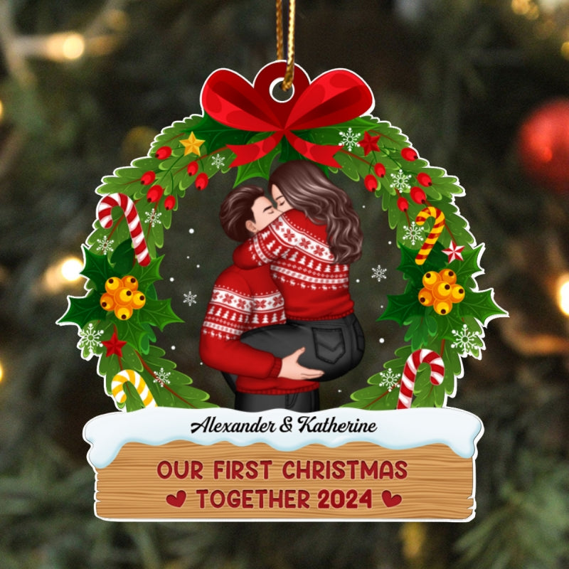 Hugging Kissing Couple Christmas Wreath Personalized Acrylic Ornament, Christmas Gift For Him For Her