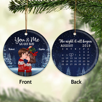 Couple Kissing Under Mistletoe Christmas Night Anniversary Date Calendar Personalized Double Sided Circle Ornament