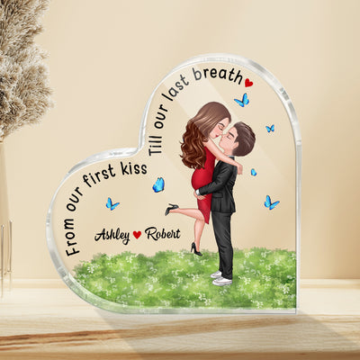 Our First Kiss Hugging Couple Personalized Acrylic Heart Plaque