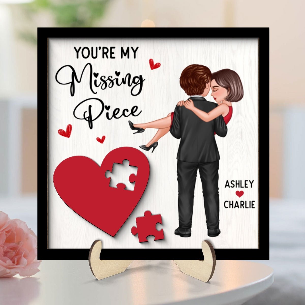 Couple Holding Red Heart Valentine‘s Day Gift For Her Gift For Him Personalized 2-Layer Wooden Plaque, Valentine‘s Day Gift For Him, For Her
