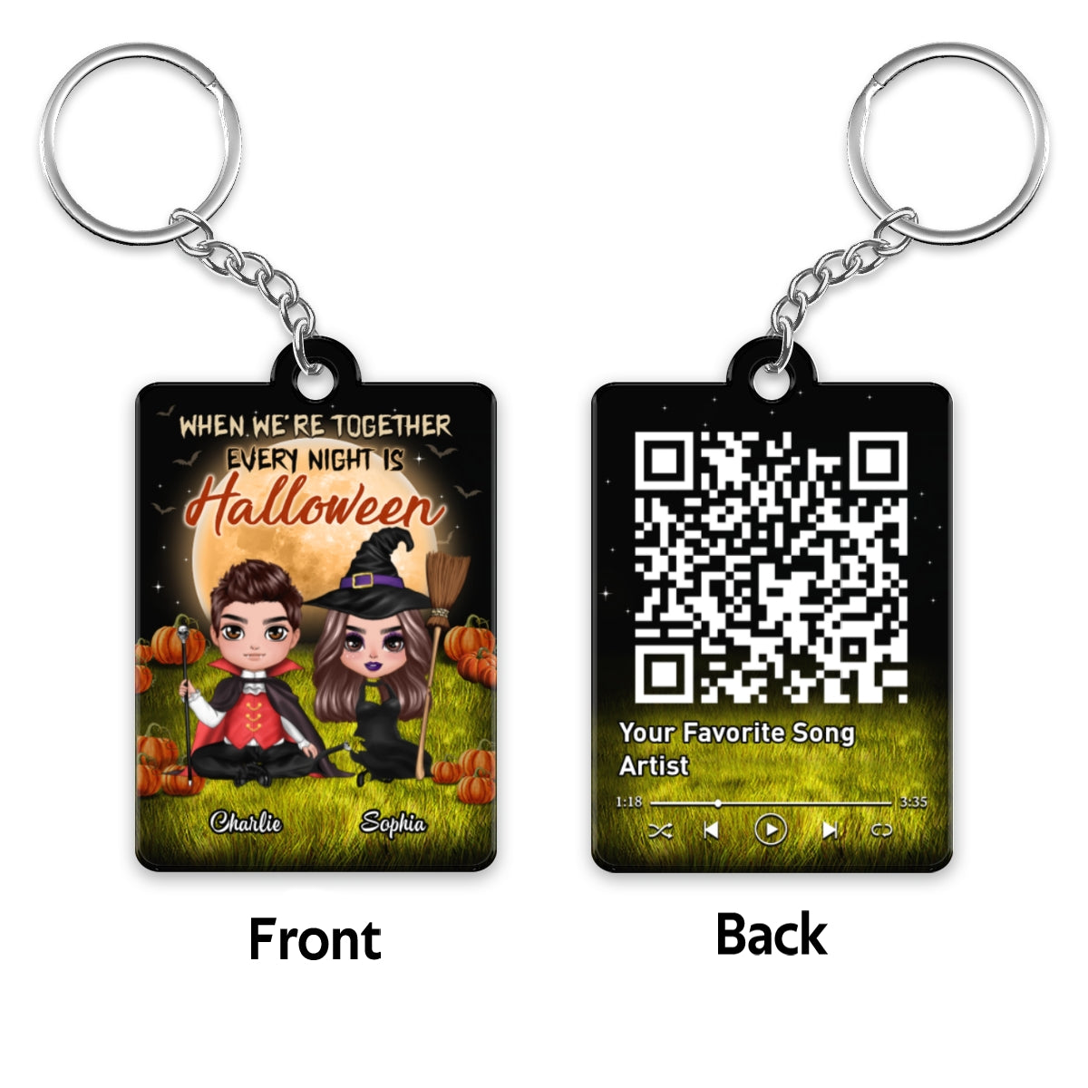 Halloween Night Doll Couple Sitting Favorite Song Scannable QR Code Personalized Acrylic Keychain