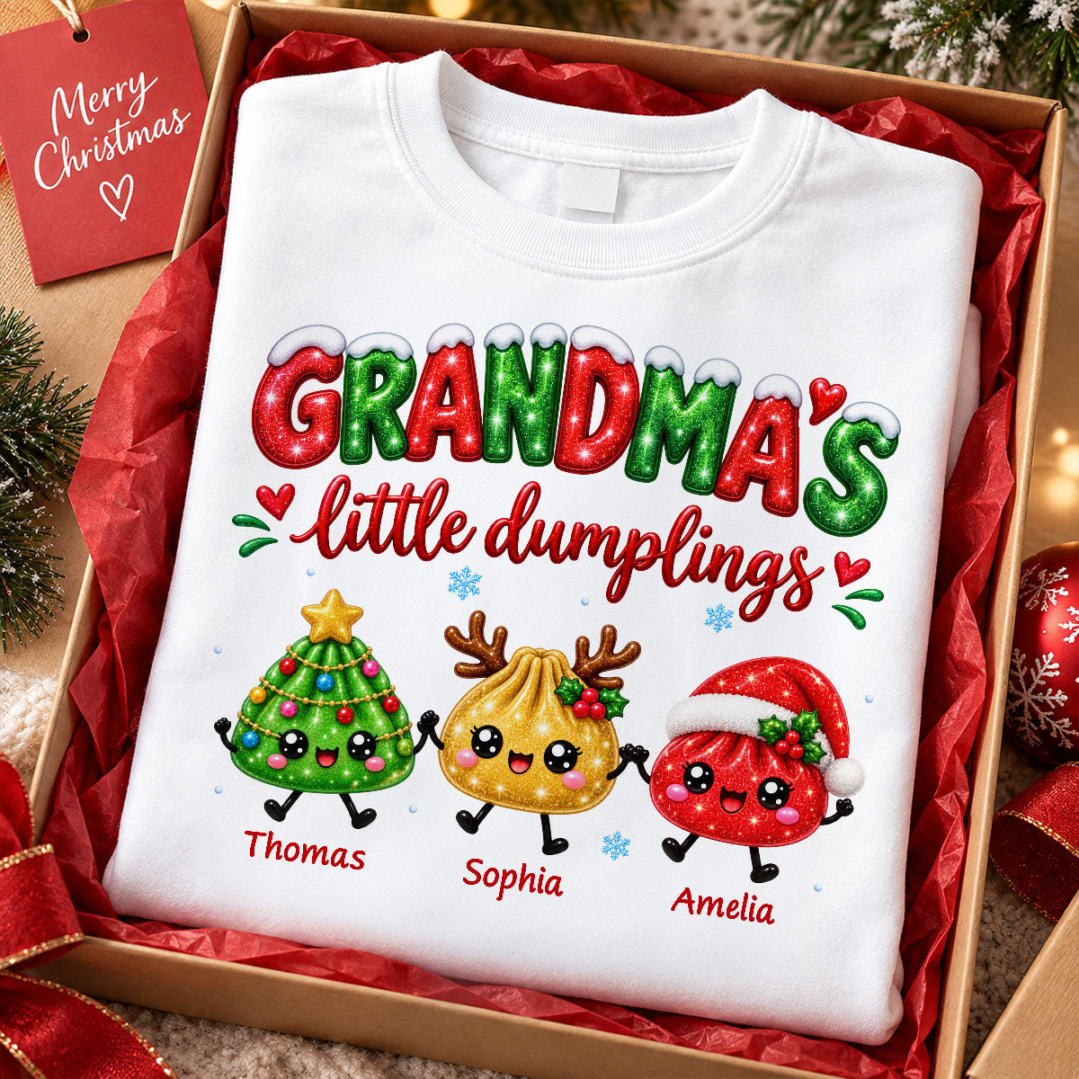 Grandma's Little Dumplings - Personalized Shirt - Trendy Christmas Tee for Grandmas, Gift for Mom, Grandma