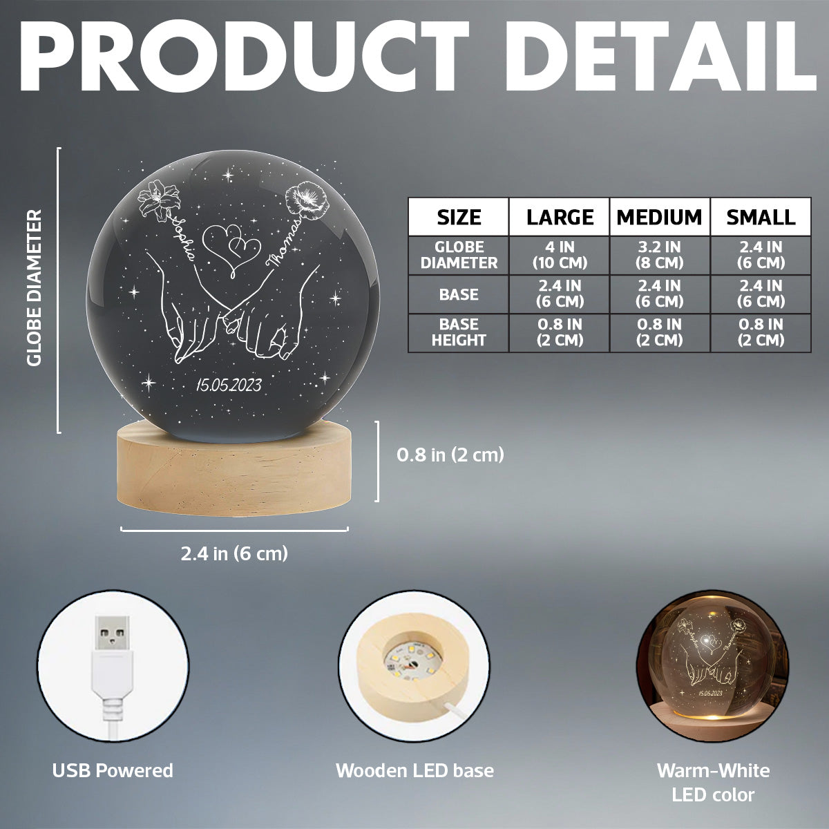 Eternal Love Couple Holding Hands Custom Birth Month Flowers - Personalized Crystal Ball LED Night Light - Valentine's Day Gift For Couple