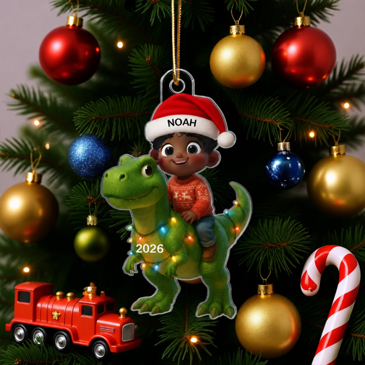 3D Effect Cute Cartoon Kid Boy And Girl With Dinosaur Christmas Personalized Flat Acrylic Ornament, Unique Gift For Kids, Grandkids
