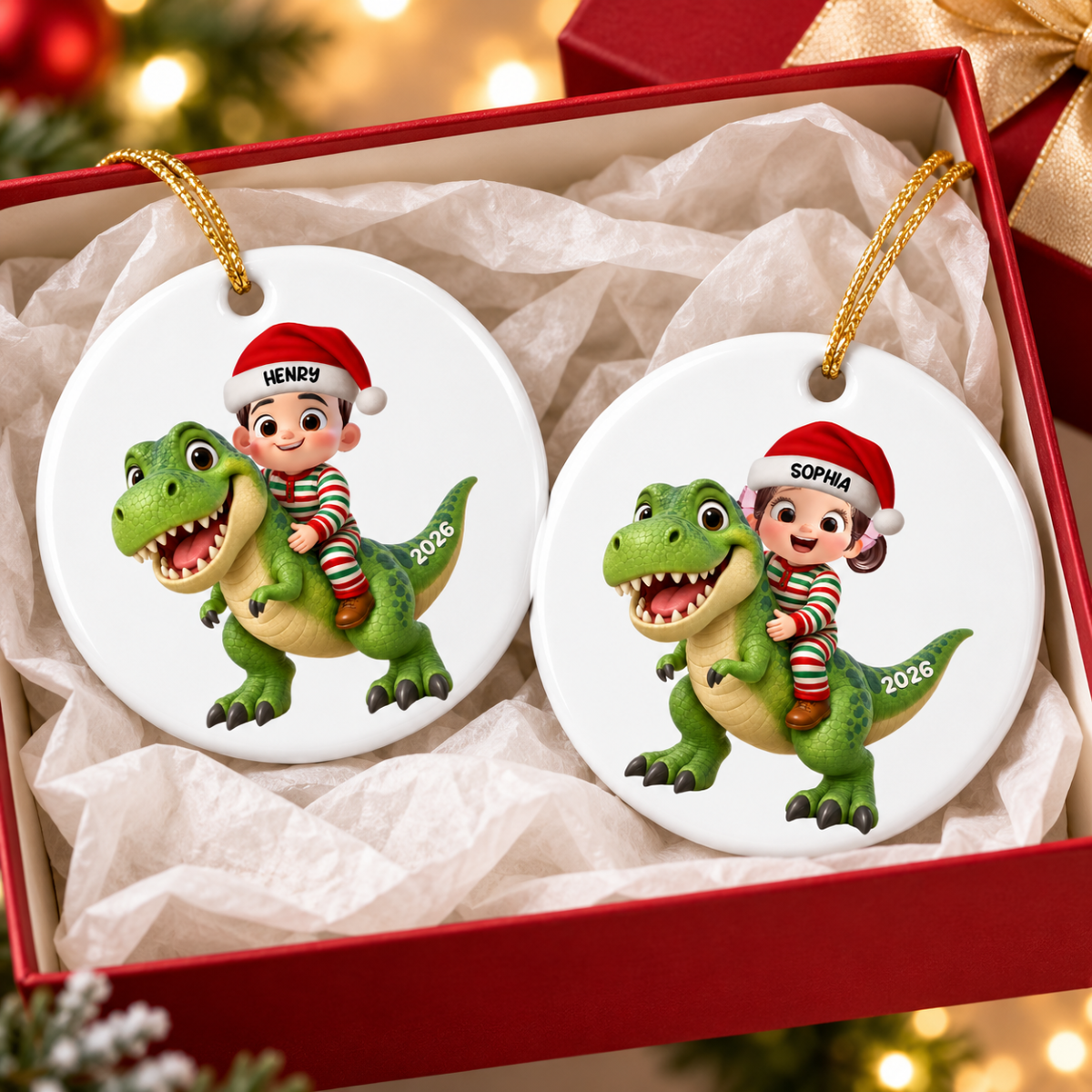 Trending Kid With Dinosaur Design For Boy Girl - Personalized Circle Ornament - Christmas Gift For Grandkids