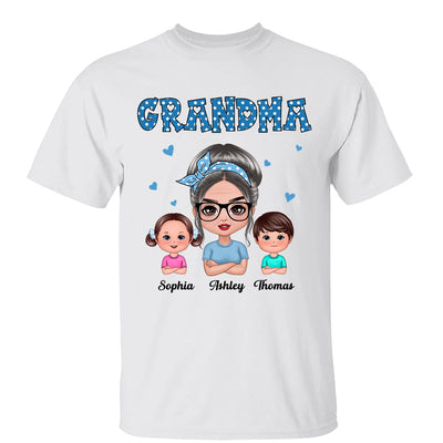 Blue Polka Dot Grandma With Grandkids Pattern Personalized Shirt