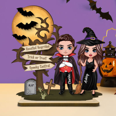 Couple With Moon Bat Tree Halloween Tabletop Tiered Tray Decor Personalized 2-Layer Standing Wooden Plaque