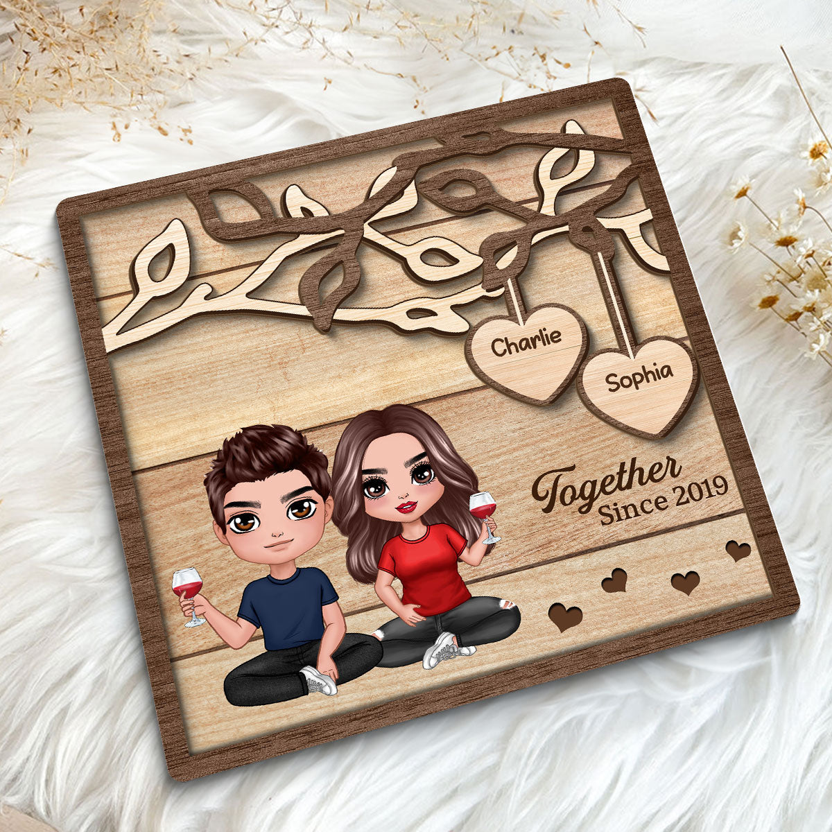 Doll Couple Sitting Under Tree Personalized 2-Layer Wooden Plaque