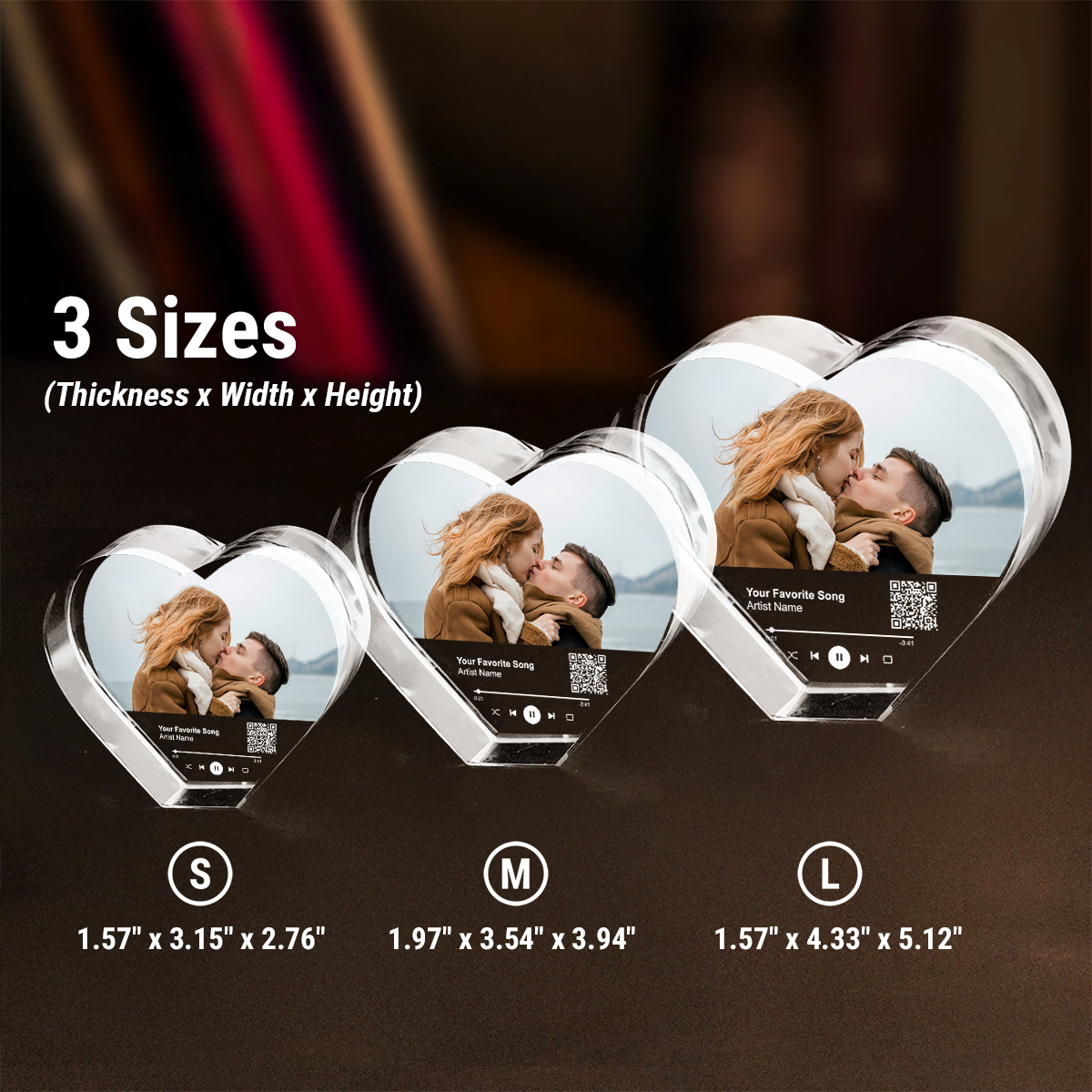 Personalized Music Photo Crystal Heart LED, Valentines Gift, Music Love Gift, Gift for Him, for Her, Free Shipping Included