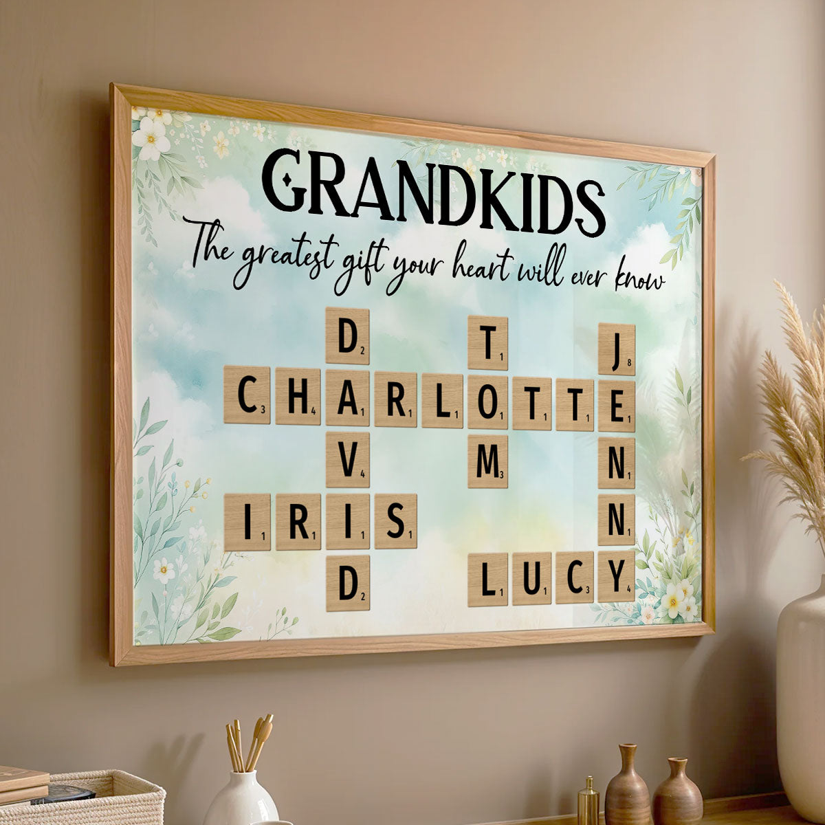 Floral Wooden Texture Grandkids Greatest Gift Crossword Puzzle Personalized Poster, Gift For Grandma