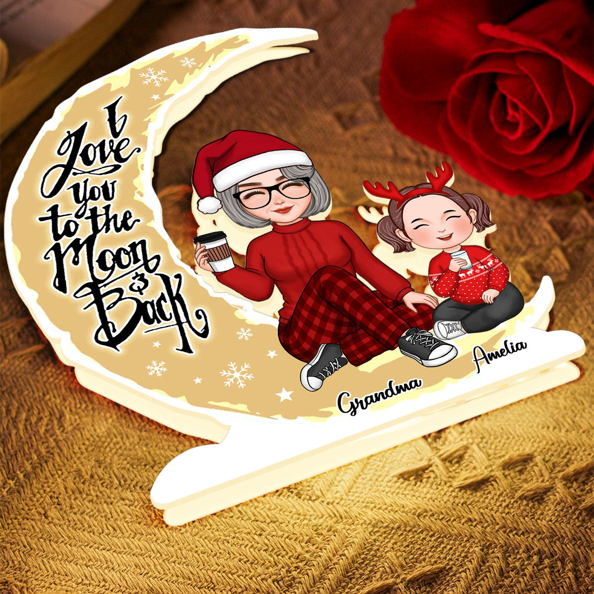 Cute Grandma & Grandkid On Yellow Moon Christmas Gift Personalized Light Box