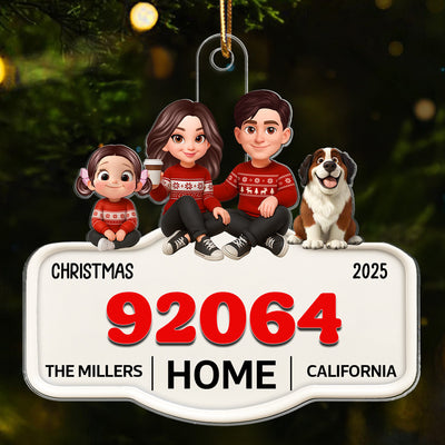 3D Effect No Place Like Home Cartoon Family Sitting Zip Code - Personalized Acrylic Ornament