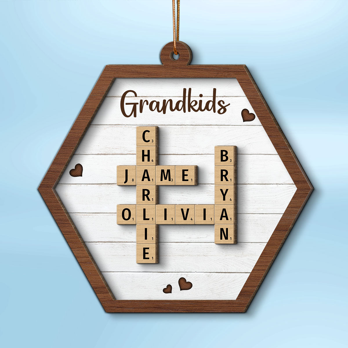 Grandkids Crossword Puzzle Art Personalized Hexagon Shaped 2-Layer Wooden Ornament, Christmas Gift For Grandma, Gift For Mom