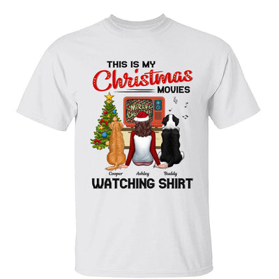 Christmas Movies Watching Shirt Man Woman In Pajamas With Dog Cat Personalized Shirt