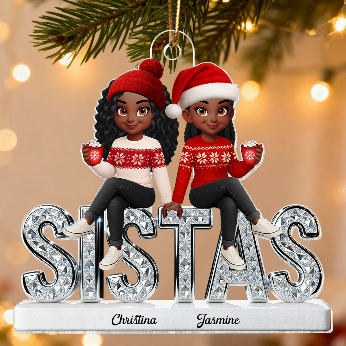 3D Shining Effect Sistas - Personalized Acrylic Car Hanger - Christmas Gift For Sisters