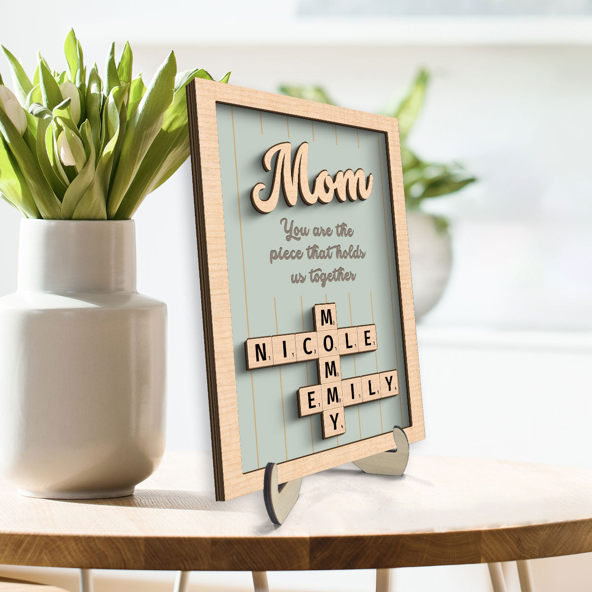 Mom You Are The Piece That Holds Us Together Personalized 2-Layer Wooden Plaque, Crossword Puzzle Art, Gift For Mom