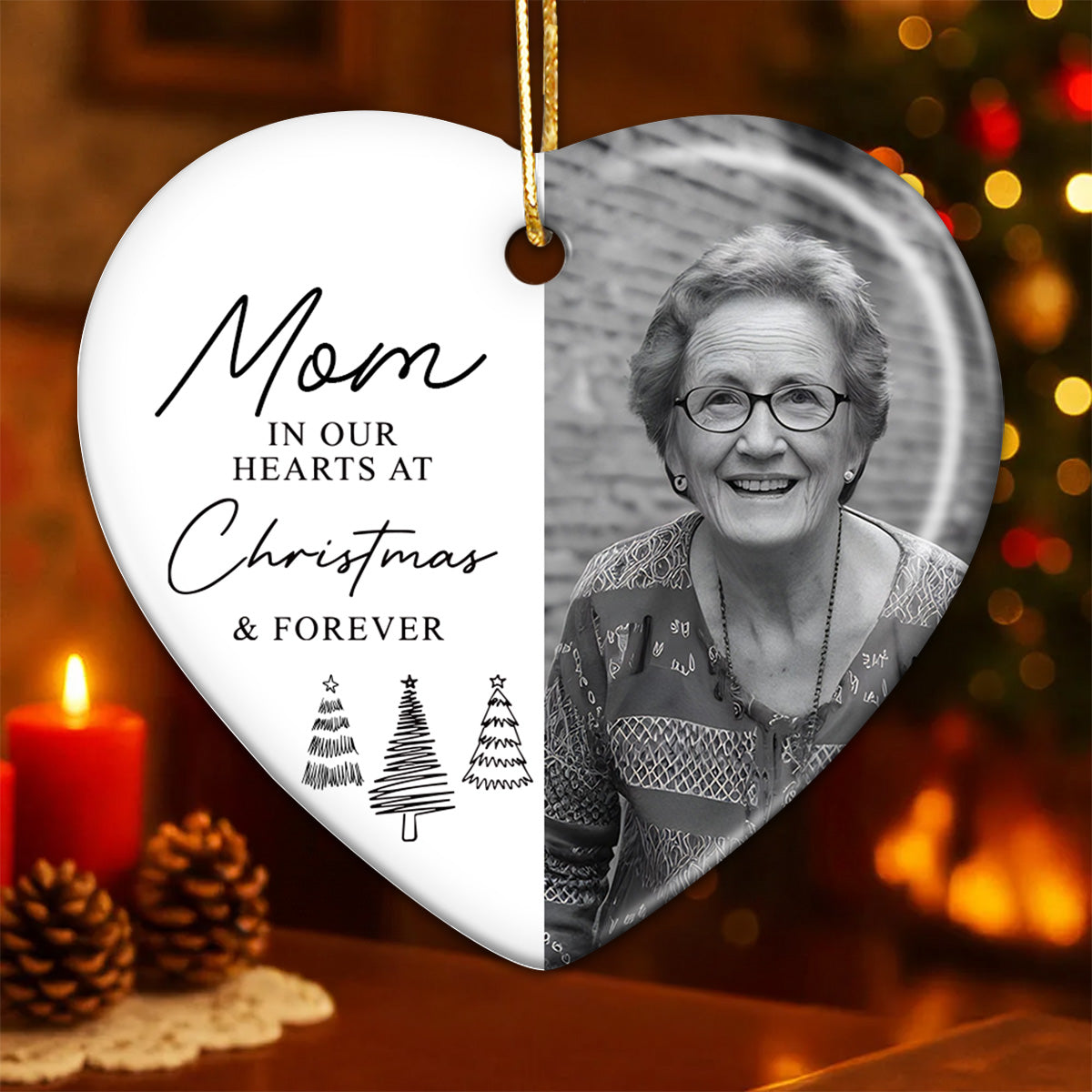 In Our Hearts At Christmas & Forever Custom Photo - Personalized Ceramic Ornament - Remembrance Keepsake, Memorial Gift