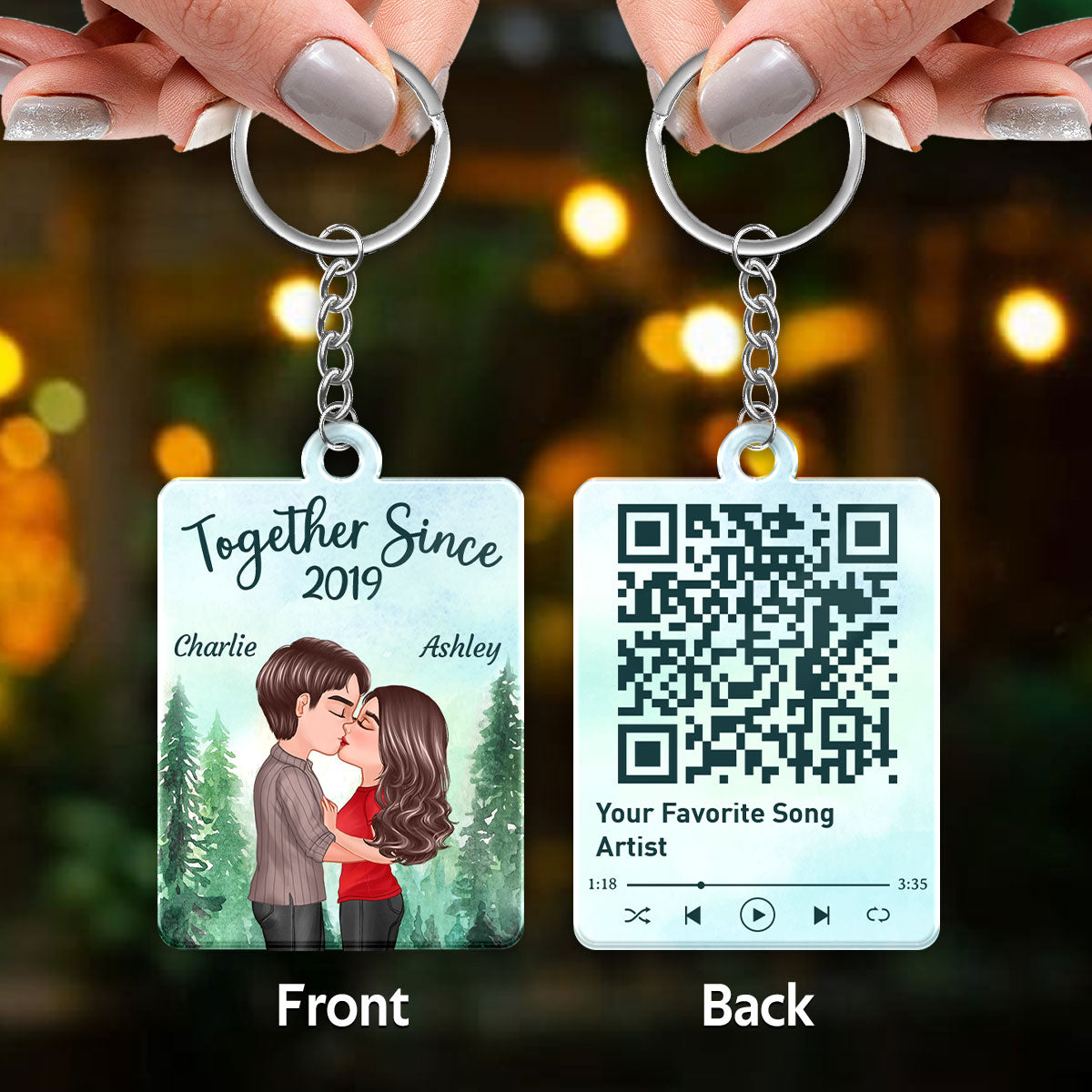 Forest Landscape Doll Couple Kissing Favorite Song Scannable QR Code Personalized Acrylic Keychain