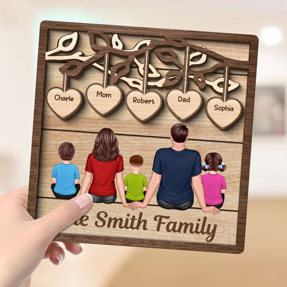 Family Dad Mom Kids Dogs Cats Under Tree Personalized 2-Layer Wooden Plaque