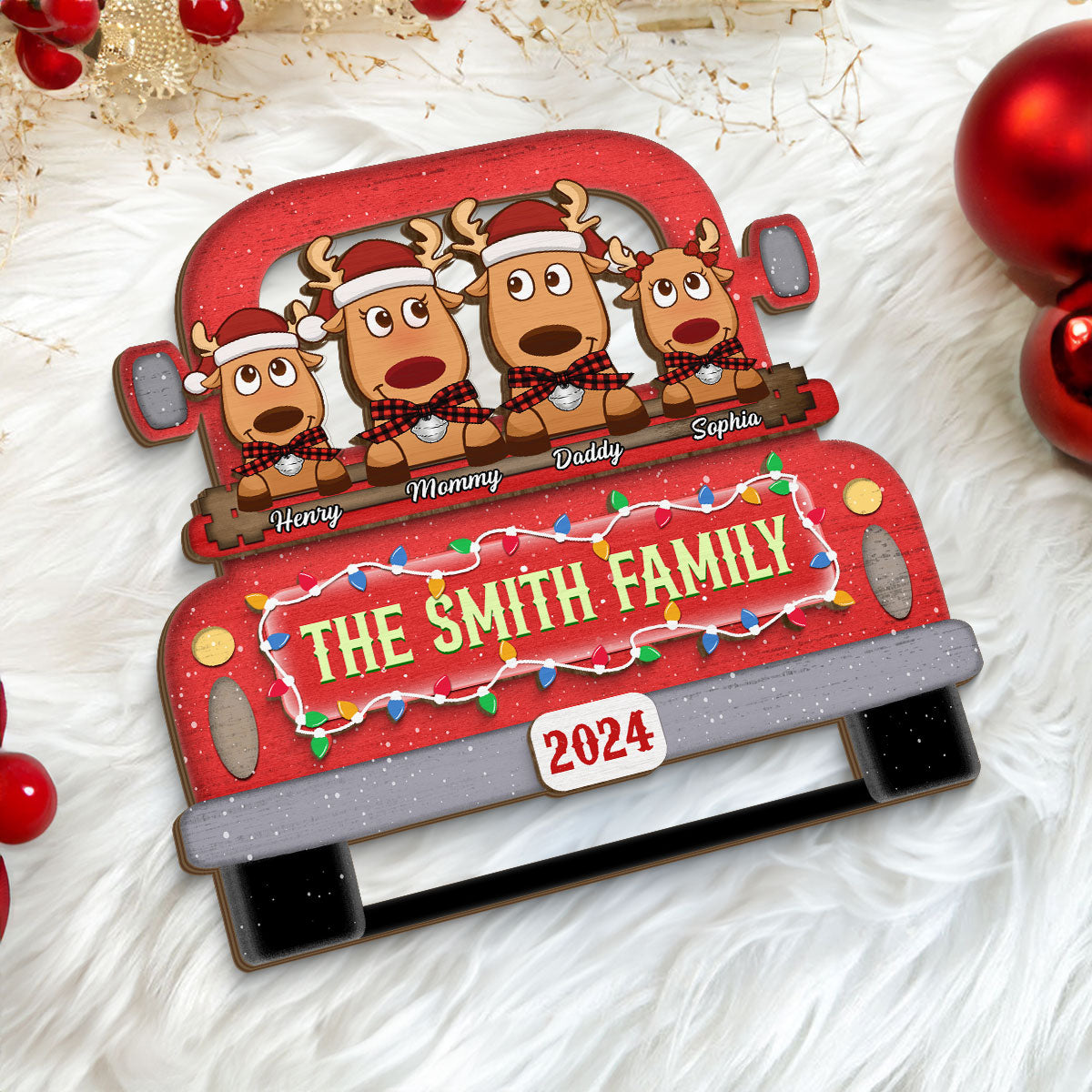 Reindeer Family On Christmas Truck Personalized 2 Layer Standing Wooden Plaque