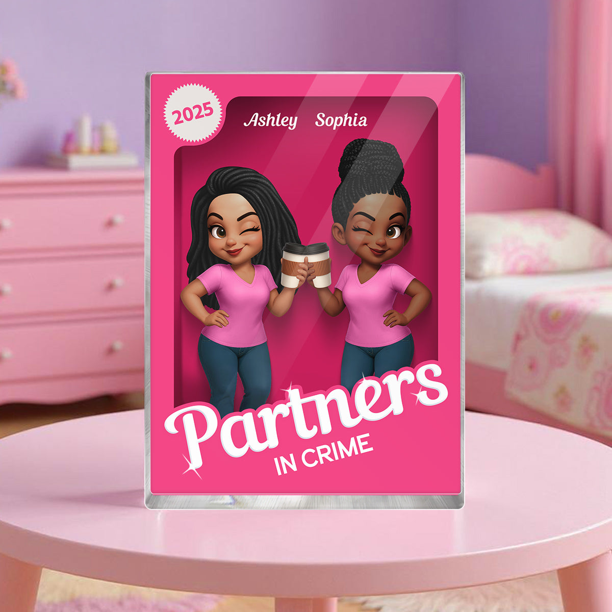 Besties Forever Pink 3D Effect Action Figure – Personalized Acrylic Block Plaque – Gift for Best Friends