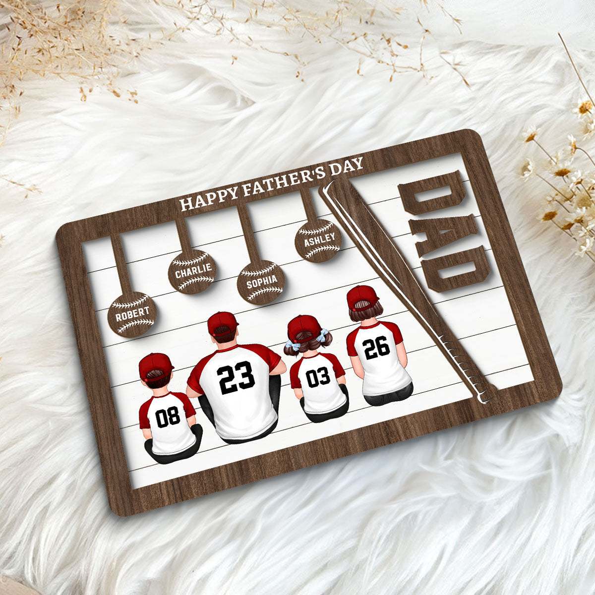 Baseball Dad And Kids Sitting Back View Personalized 2-Layer Wooden Plaque