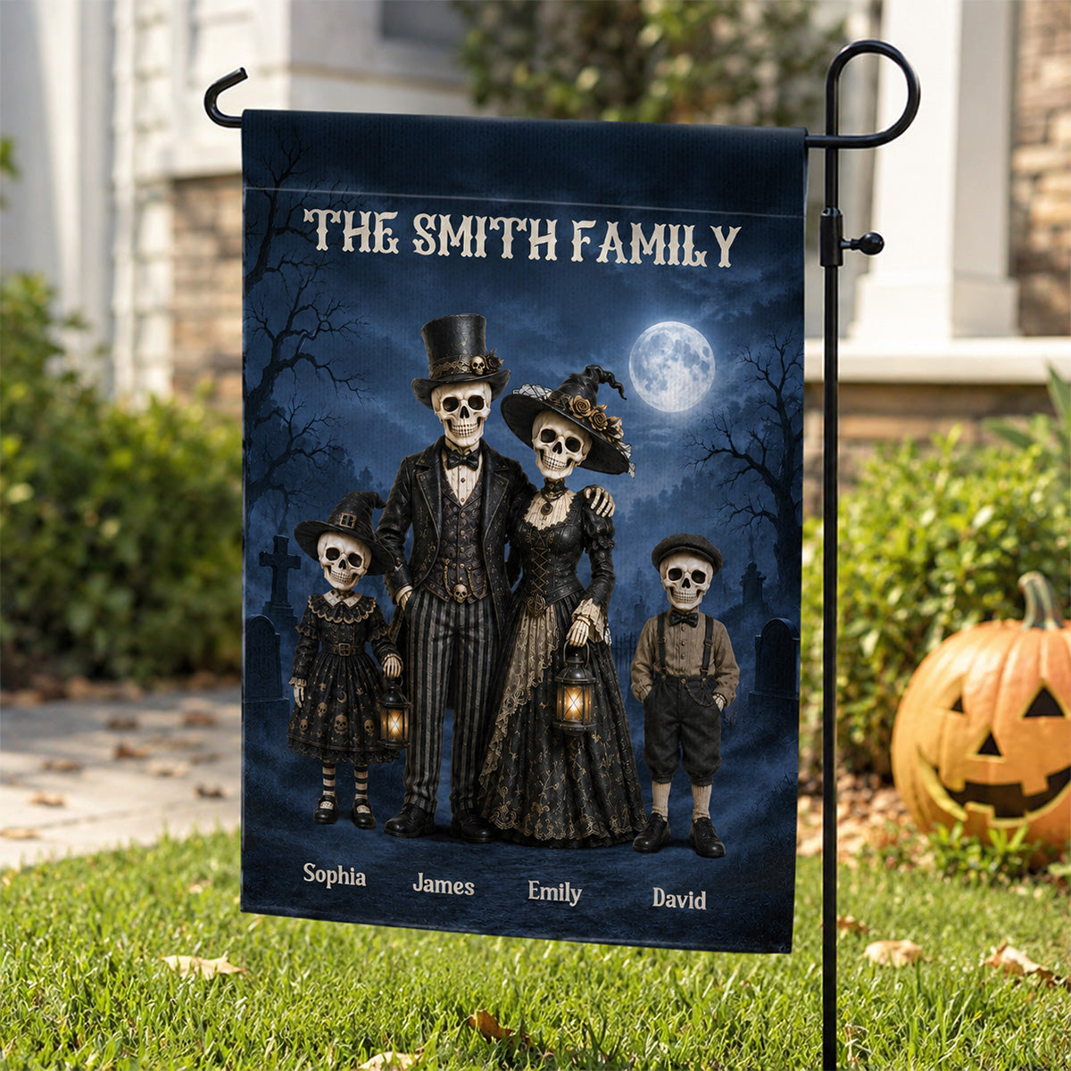 Gothic Skeleton Family - Personalized Garden Flag - Halloween Decoration